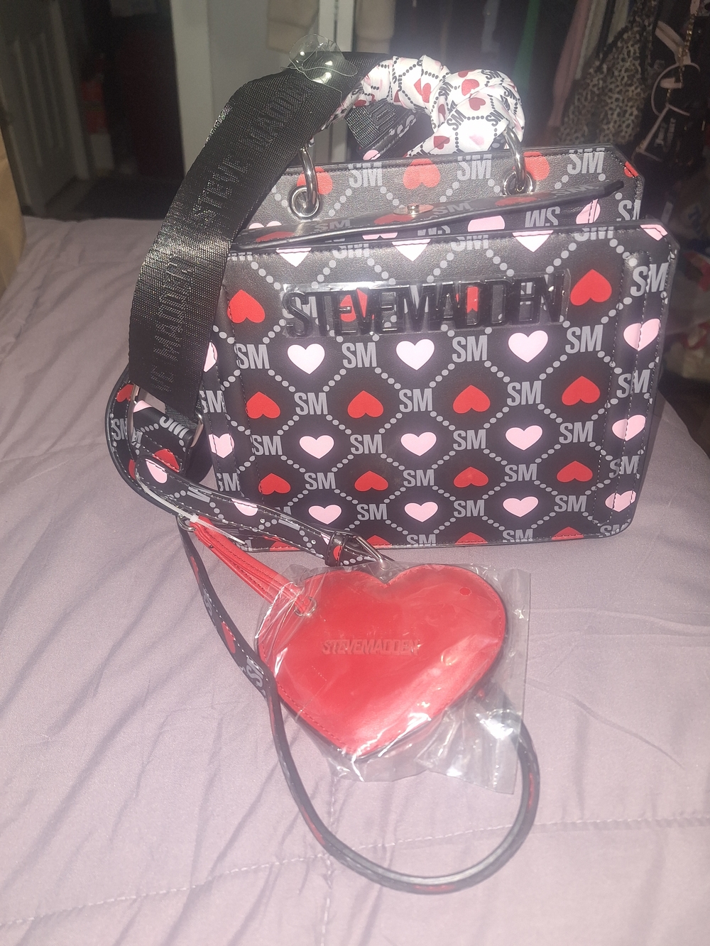 Steve Madden Heart Print Crossbody Bag - Black with Red & Pink Hearts